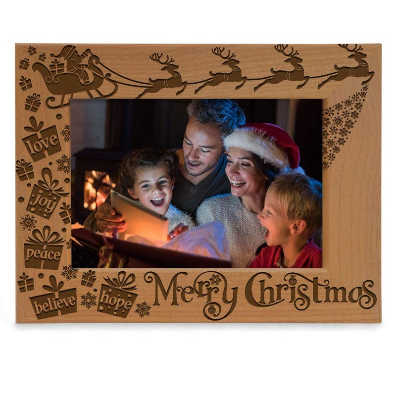 KATE POSH Merry Christmas Love Peace Joy Believe Hope, The Magic of Christmas Family Picture Frame. Santa, Reindeer and Sleigh Decor. Engraved Natural Wood Photo Frame (4x6-Horizontal) - Image 1